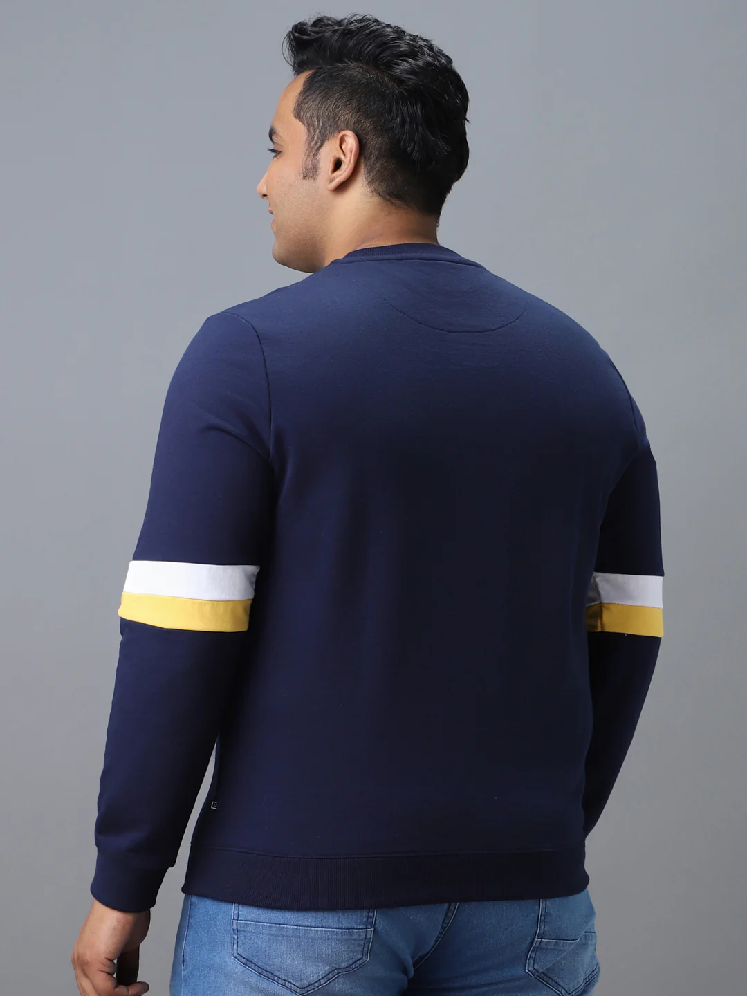 Plus Men's Blue Cotton Color Block Round Neck Sweatshirt - Image 3