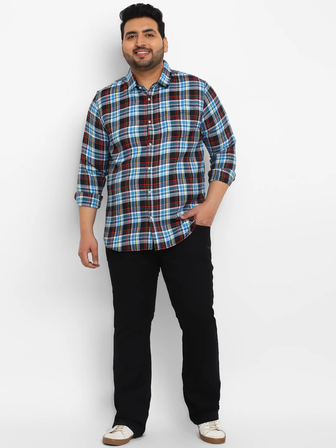 Plus Men's Blue Cotton Full Sleeve Regular Fit Casual Checkered Shirt - Image 4