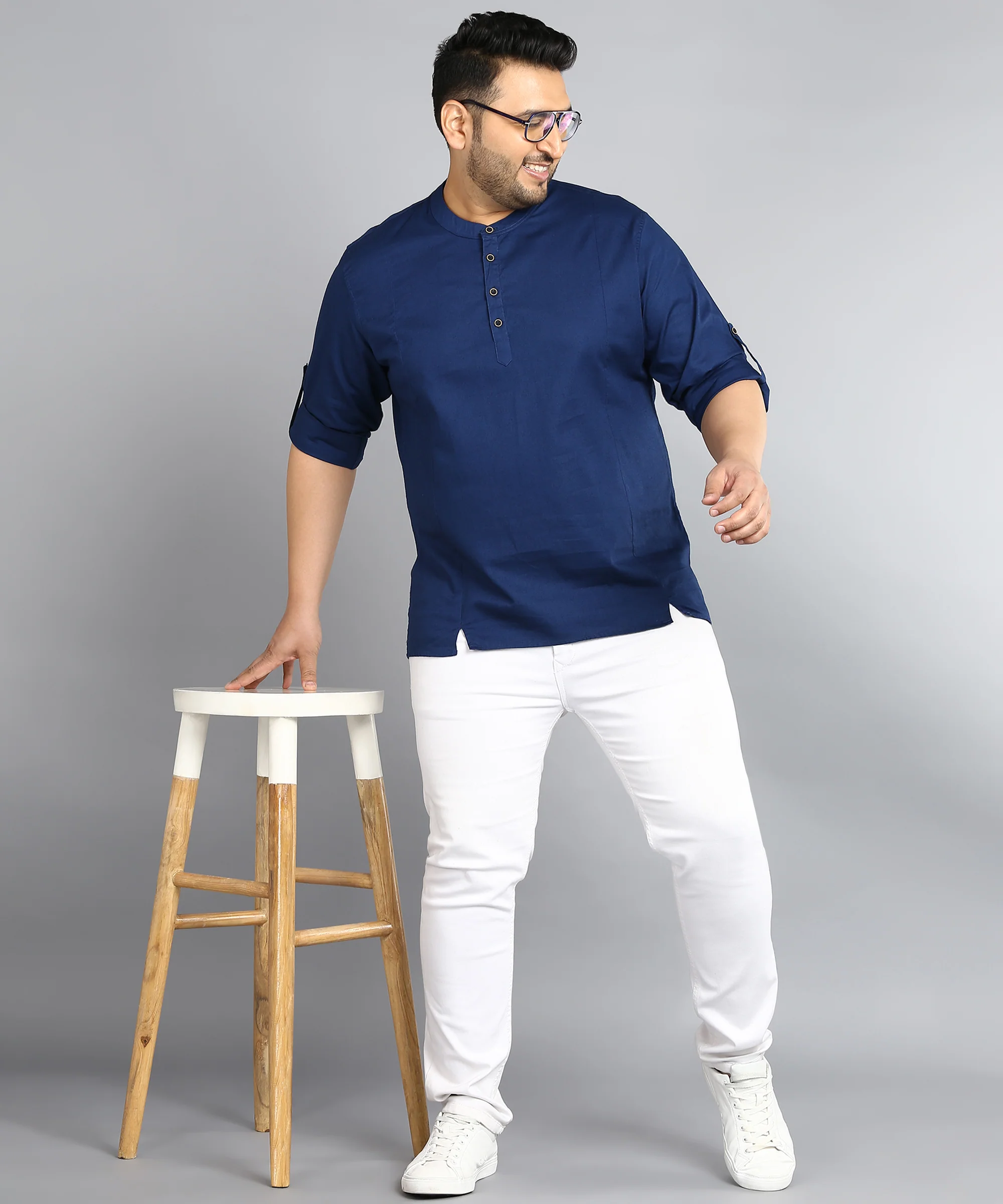 Plus Men's Blue Cotton Full Sleeve Regular Fit Casual Solid Shirt - Image 4