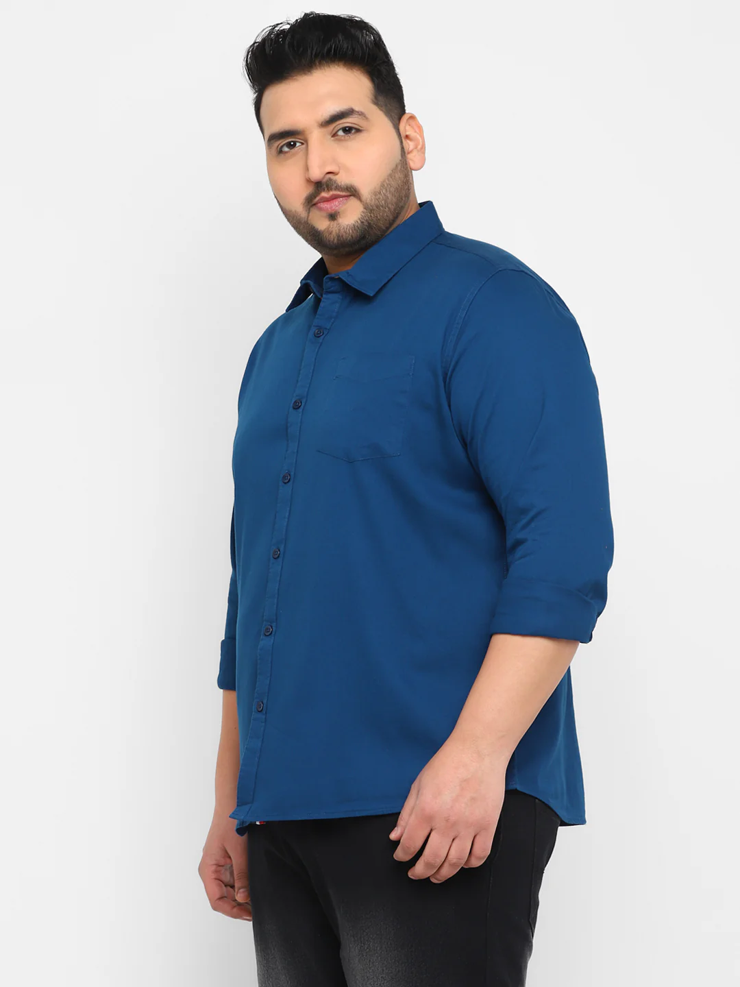Plus Men's Blue Cotton Full Sleeve Regular Fit Casual Solid Shirt - Image 2