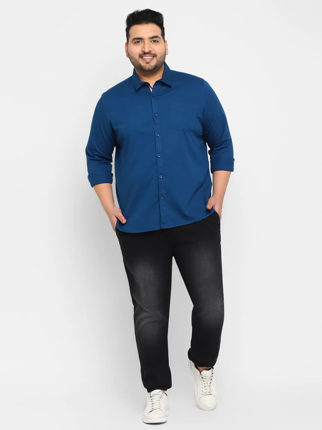 Plus Men's Blue Cotton Full Sleeve Regular Fit Casual Solid Shirt - Image 4