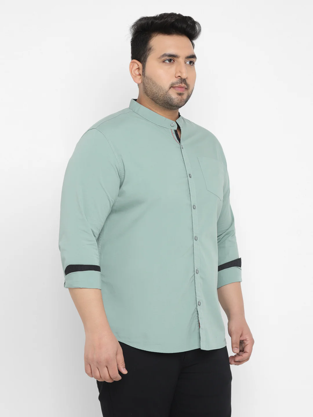 Plus Men's Blue Cotton Full Sleeve Regular Fit Casual Solid Shirt with Mandarin Collar - Image 2