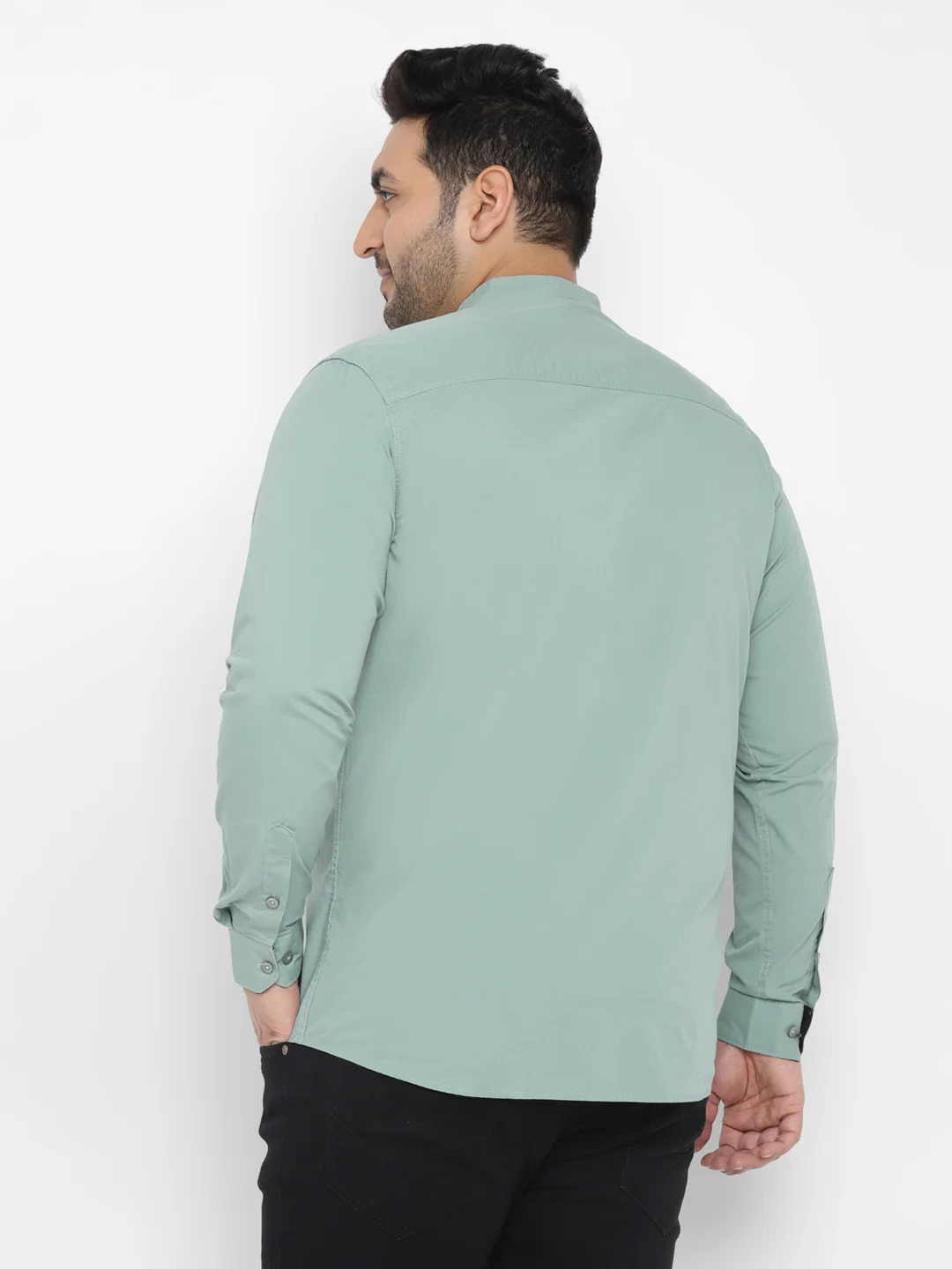 Plus Men's Blue Cotton Full Sleeve Regular Fit Casual Solid Shirt with Mandarin Collar - Image 3