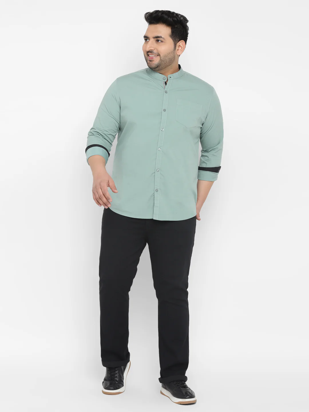 Plus Men's Blue Cotton Full Sleeve Regular Fit Casual Solid Shirt with Mandarin Collar - Image 4