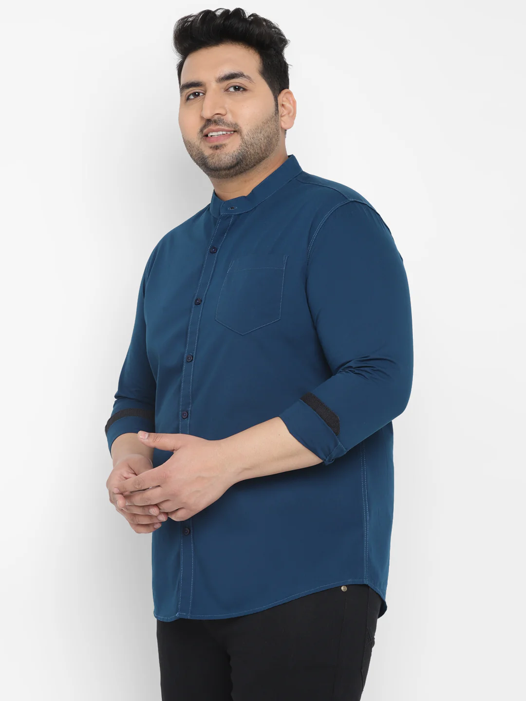 Plus Men's Blue Cotton Full Sleeve Regular Fit Casual Solid Shirt with Mandarin Collar - Image 2