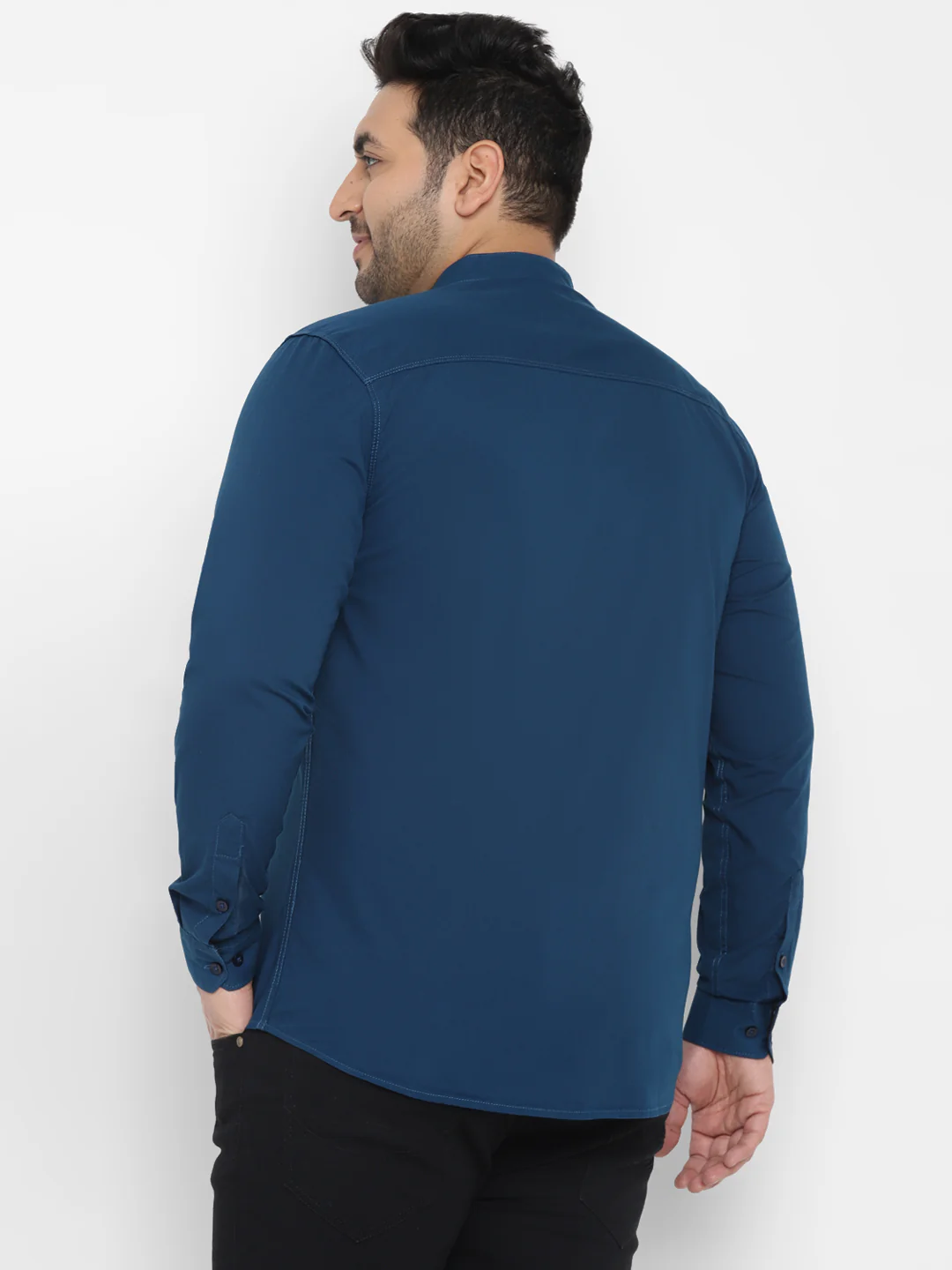 Plus Men's Blue Cotton Full Sleeve Regular Fit Casual Solid Shirt with Mandarin Collar - Image 3