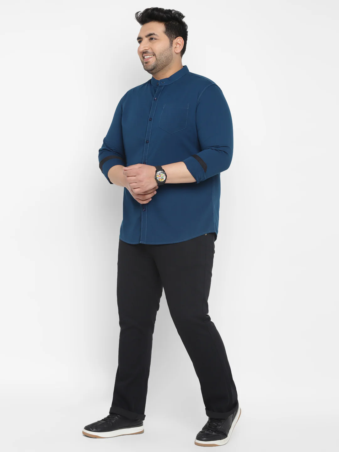 Plus Men's Blue Cotton Full Sleeve Regular Fit Casual Solid Shirt with Mandarin Collar - Image 4
