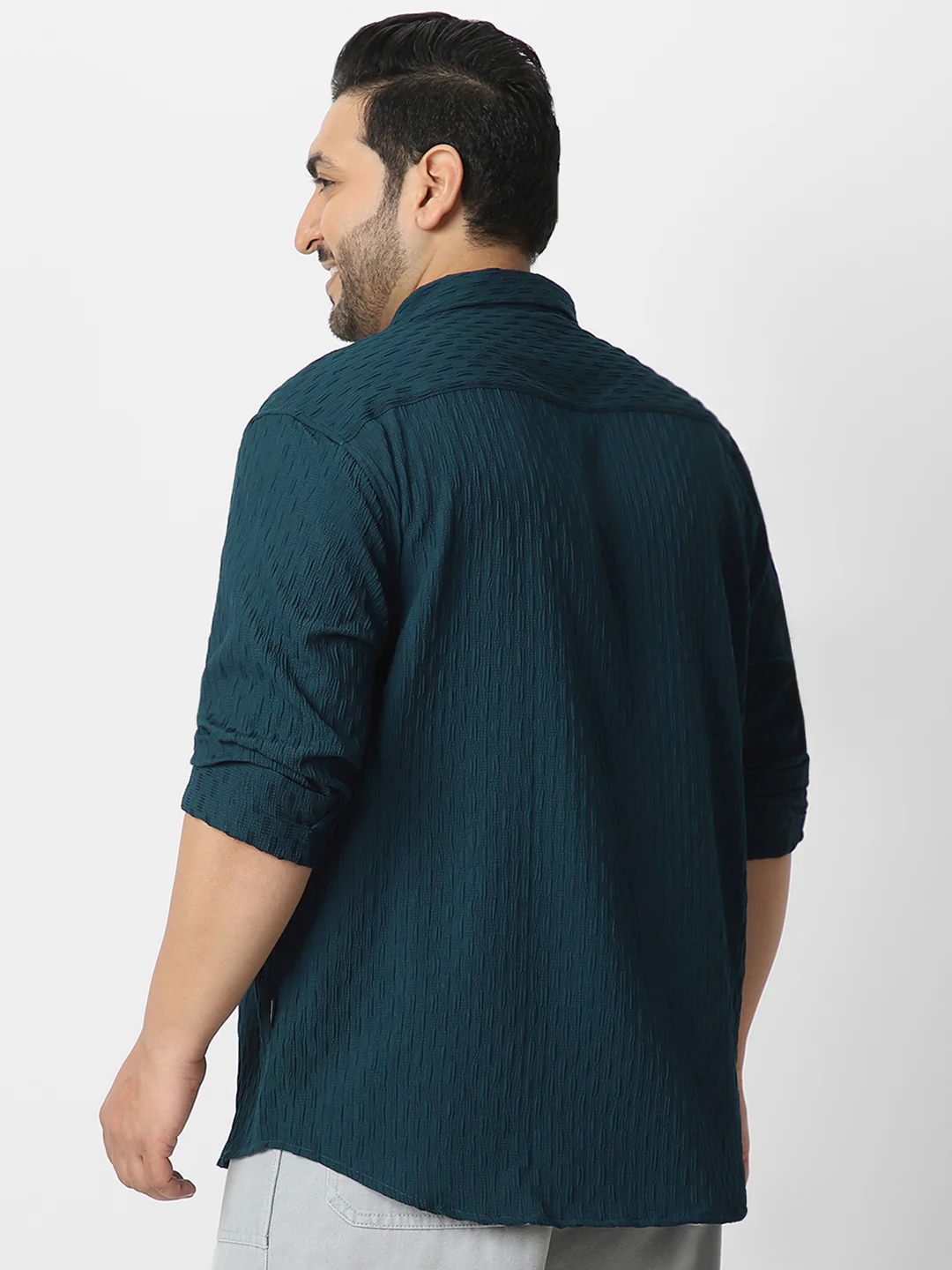 Plus Men's Blue Cotton Full Sleeve Regular Fit Textured Shirt with Spread Collar - Image 3