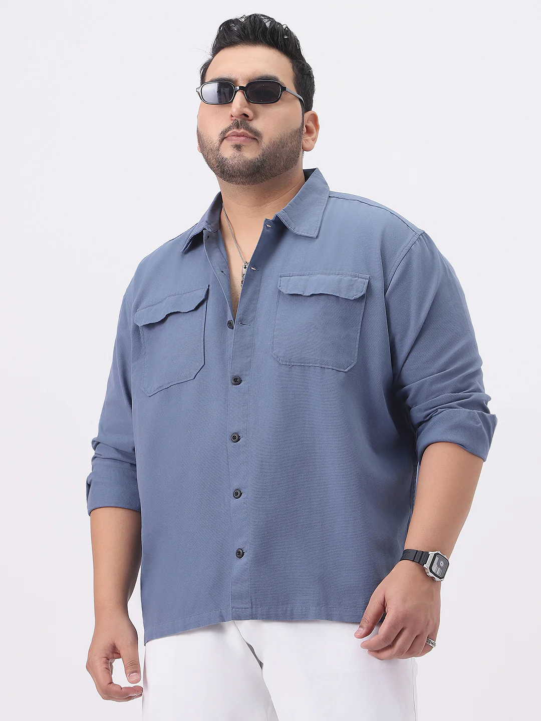 Plus Men's Blue Cotton Full Sleeve Relaxed Fit Shacket with Utility Pockets