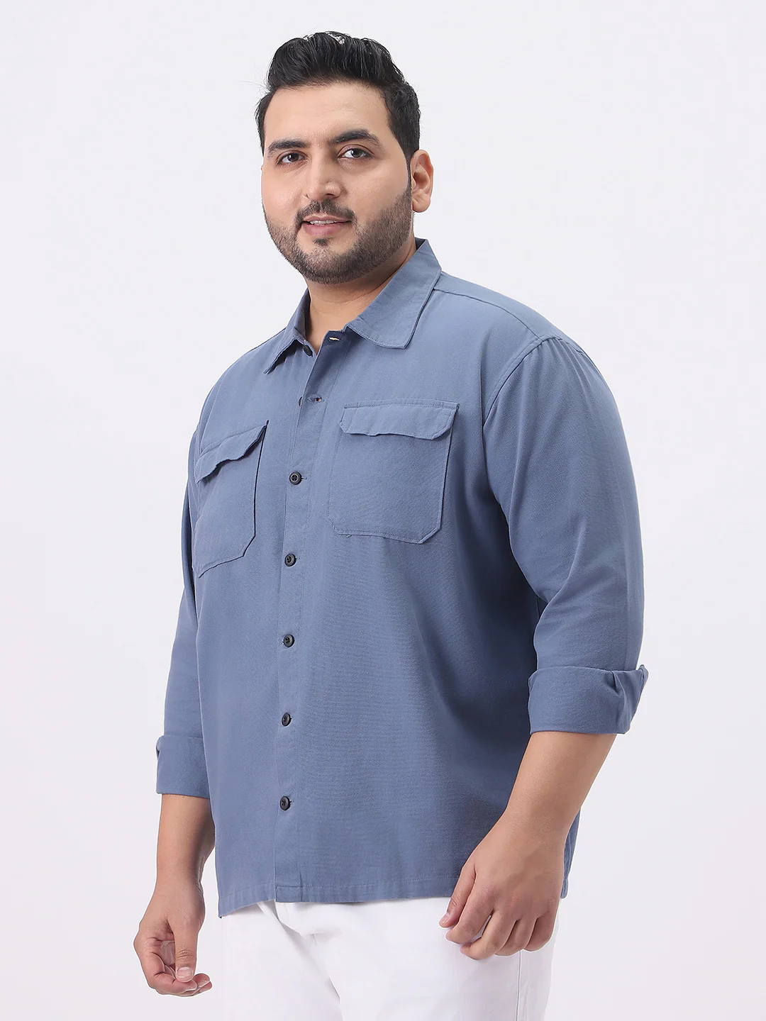 Plus Men's Blue Cotton Full Sleeve Relaxed Fit Shacket with Utility Pockets - Image 2