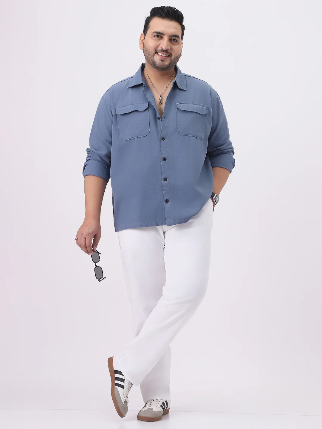 Plus Men's Blue Cotton Full Sleeve Relaxed Fit Shacket with Utility Pockets - Image 3
