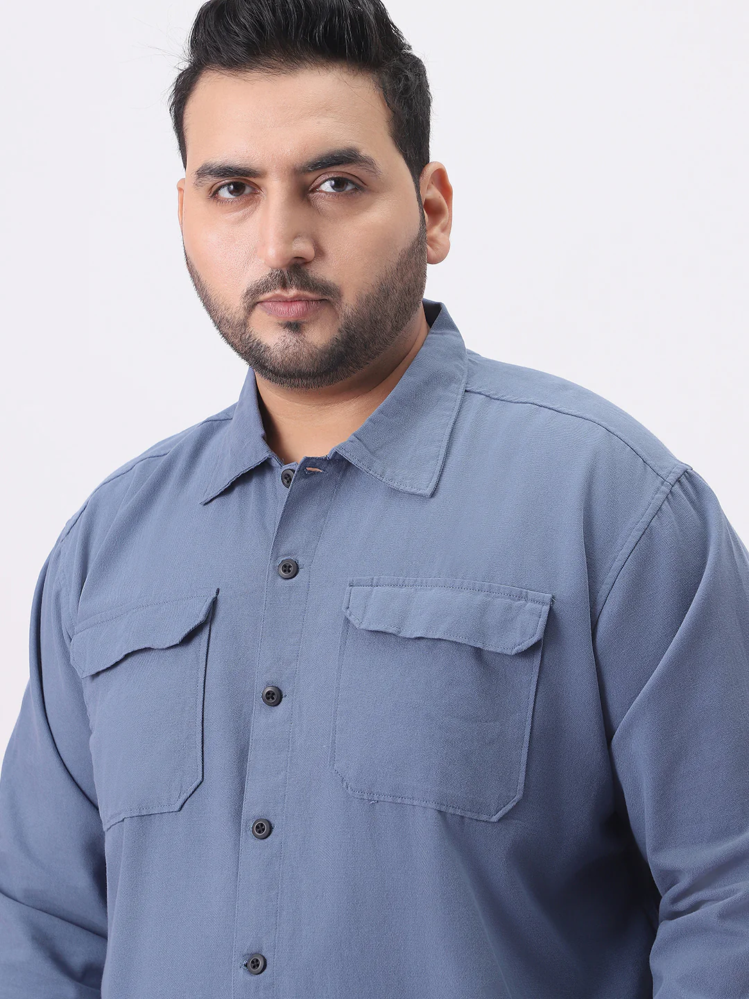 Plus Men's Blue Cotton Full Sleeve Relaxed Fit Shacket with Utility Pockets - Image 5
