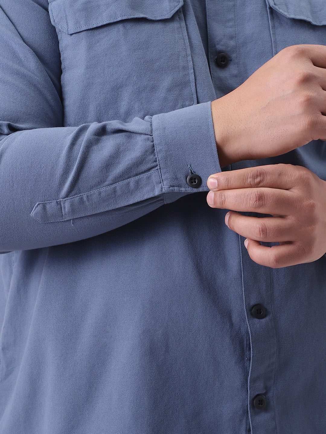 Plus Men's Blue Cotton Full Sleeve Relaxed Fit Shacket with Utility Pockets - Image 6