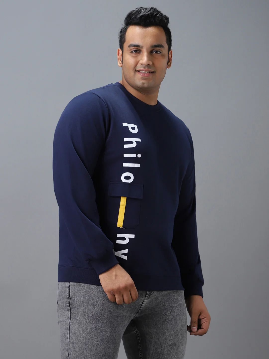 Plus Men's Blue Cotton Graphic Print Round Neck Sweatshirt - Image 2
