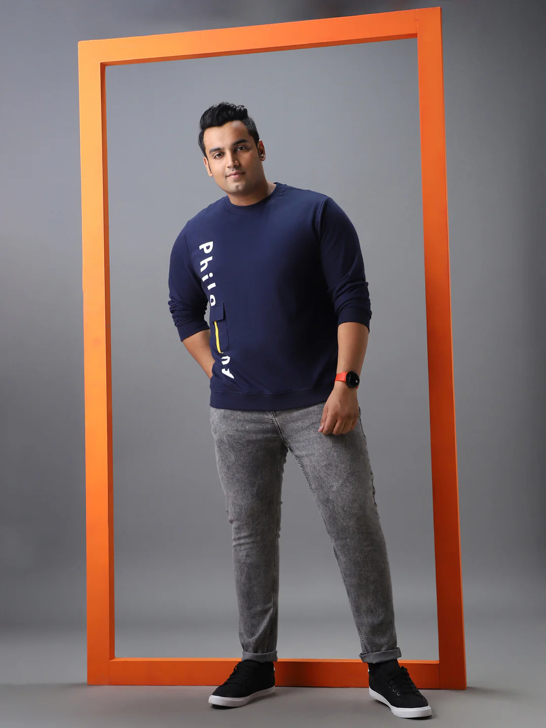 Plus Men's Blue Cotton Graphic Print Round Neck Sweatshirt - Image 4