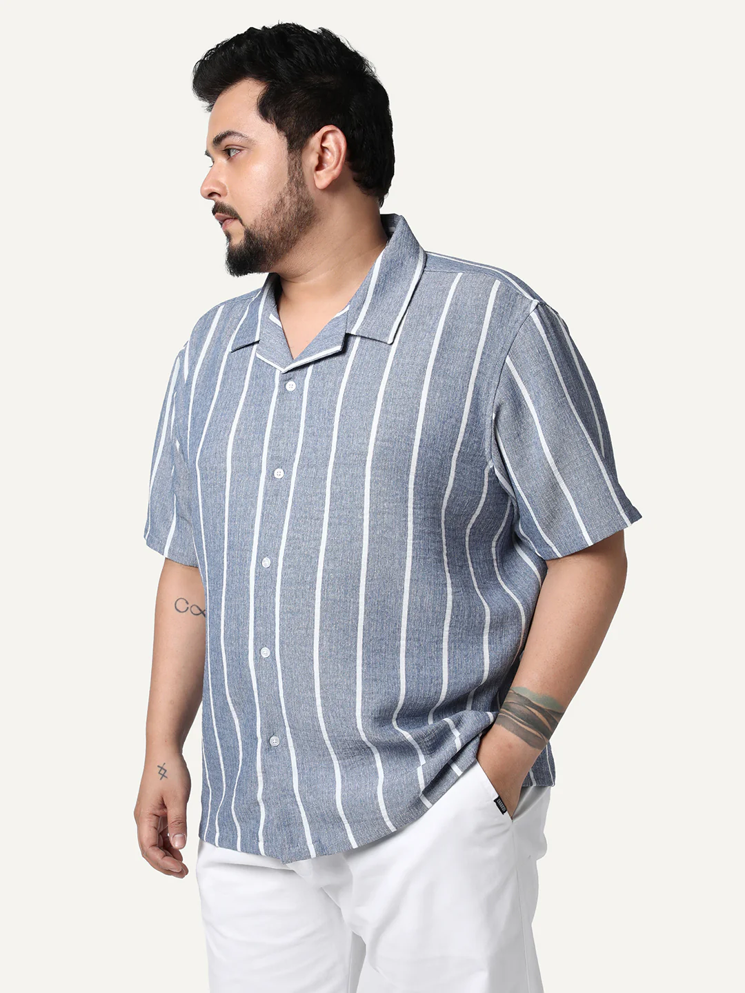 Plus Men's Blue Cotton Half Sleeve Relaxed Fit Linen Striped Shirt with Cuban Collar - Image 2
