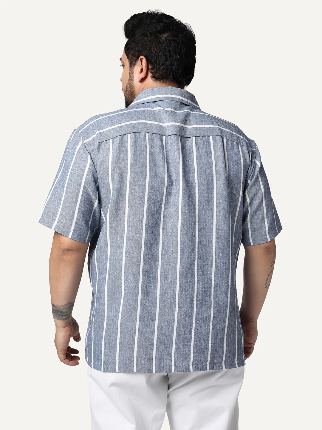 Plus Men's Blue Cotton Half Sleeve Relaxed Fit Linen Striped Shirt with Cuban Collar - Image 3