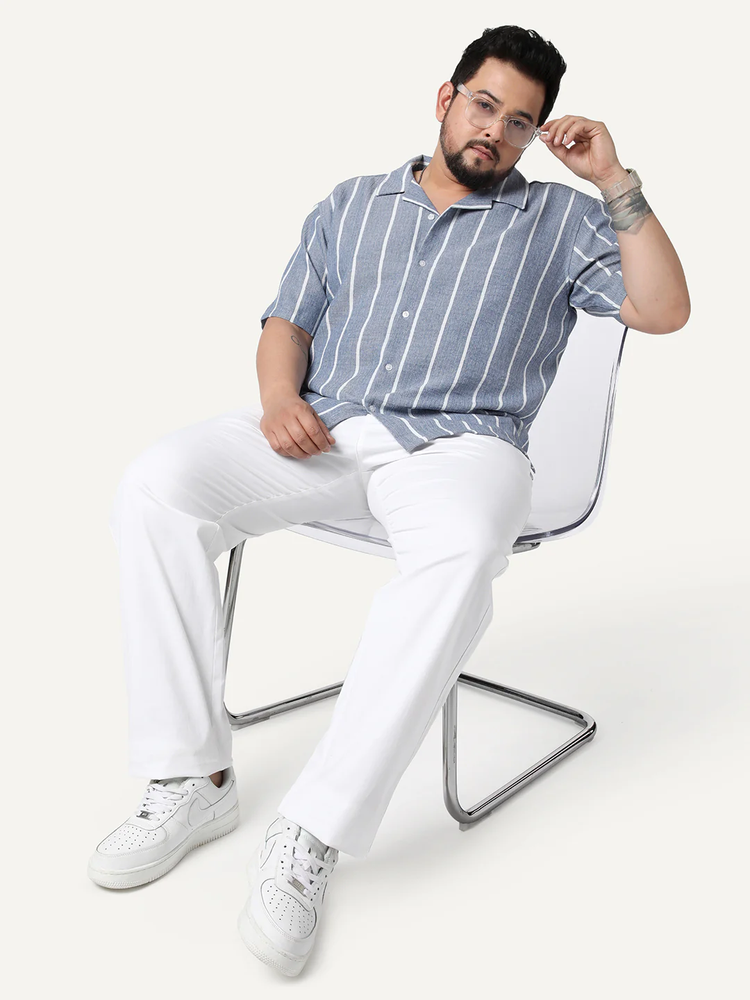 Plus Men's Blue Cotton Half Sleeve Relaxed Fit Linen Striped Shirt with Cuban Collar - Image 4
