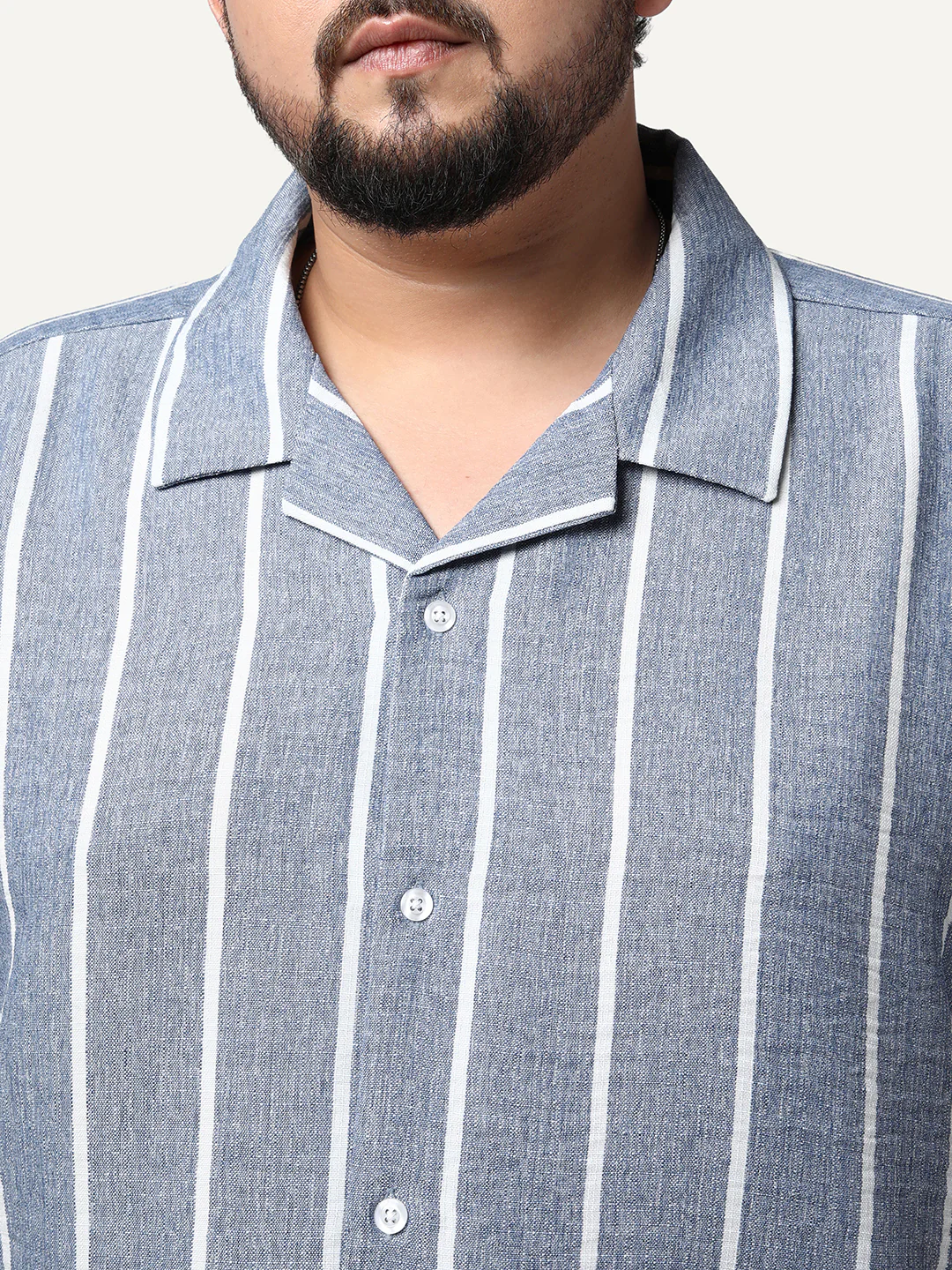 Plus Men's Blue Cotton Half Sleeve Relaxed Fit Linen Striped Shirt with Cuban Collar - Image 5