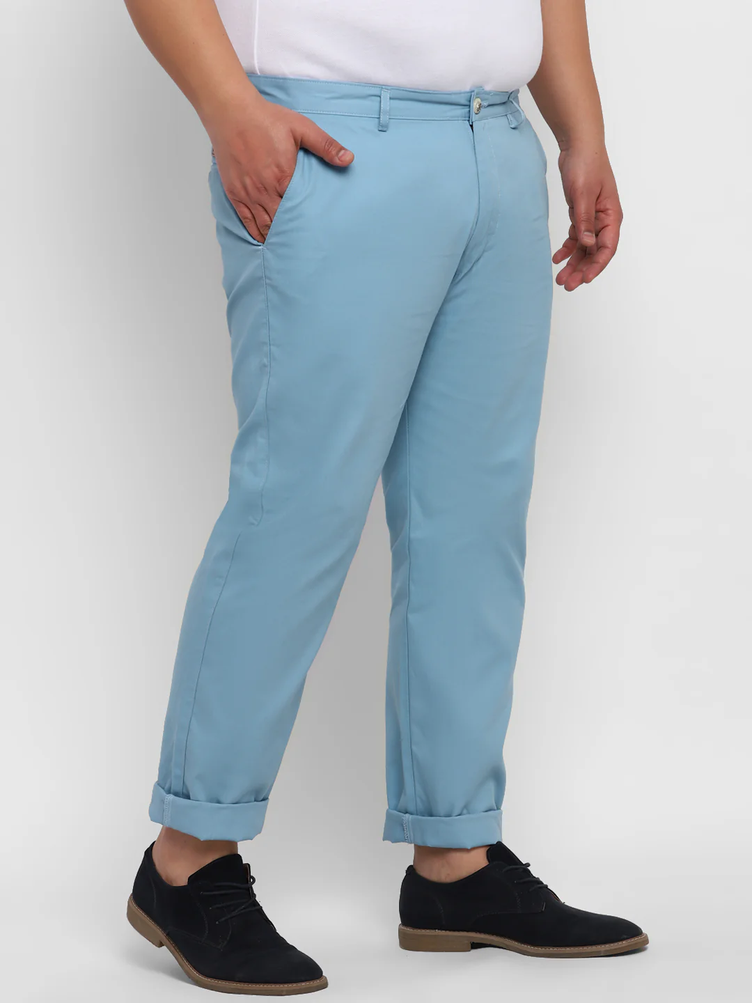 Plus Men's Blue Cotton Regular Fit Casual Chinos Trousers - Image 2