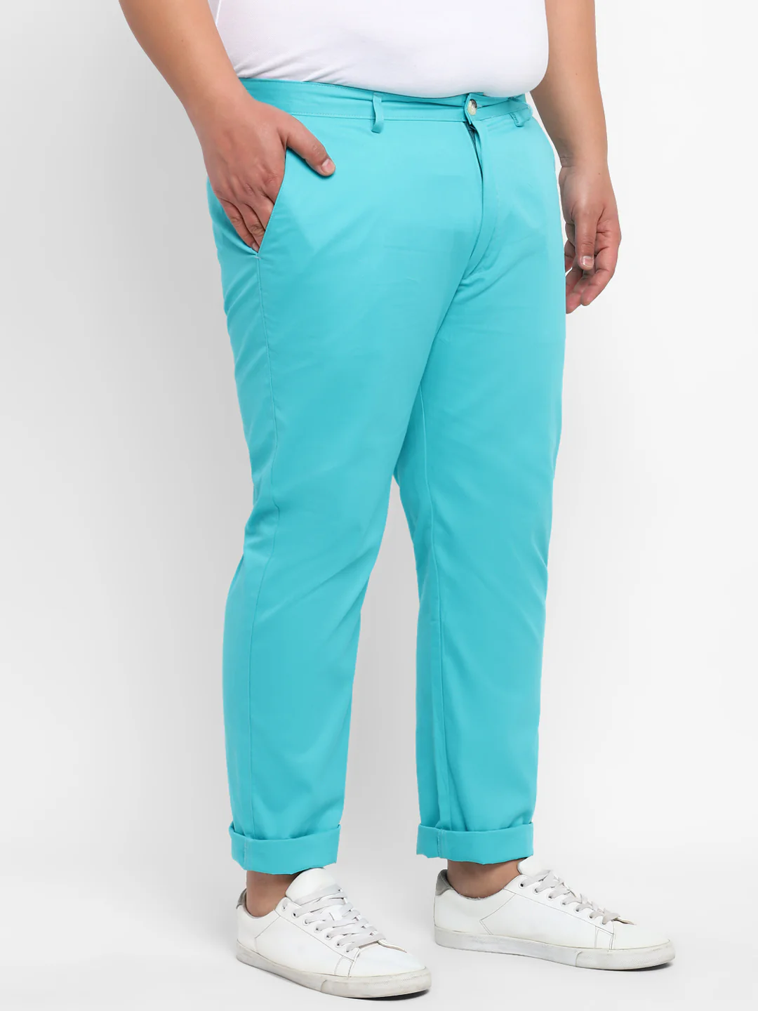 Plus Men's Blue Cotton Regular Fit Casual Chinos Trousers - Image 2