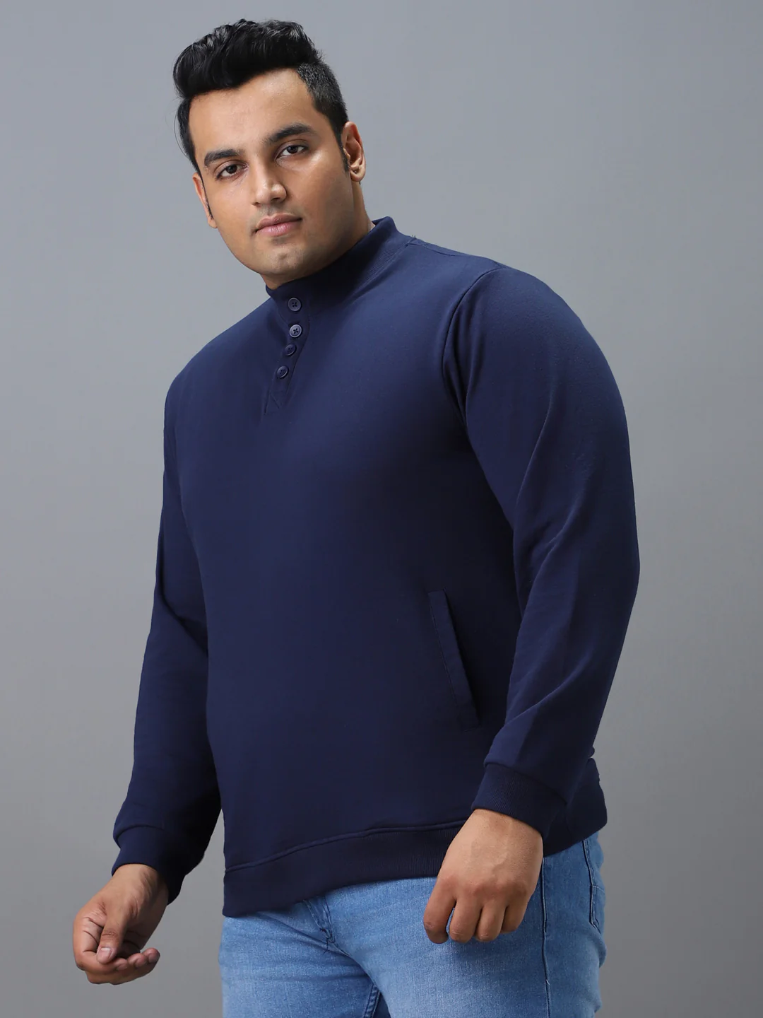 Plus Men's Blue Cotton Solid Button High Neck Sweatshirt - Image 2