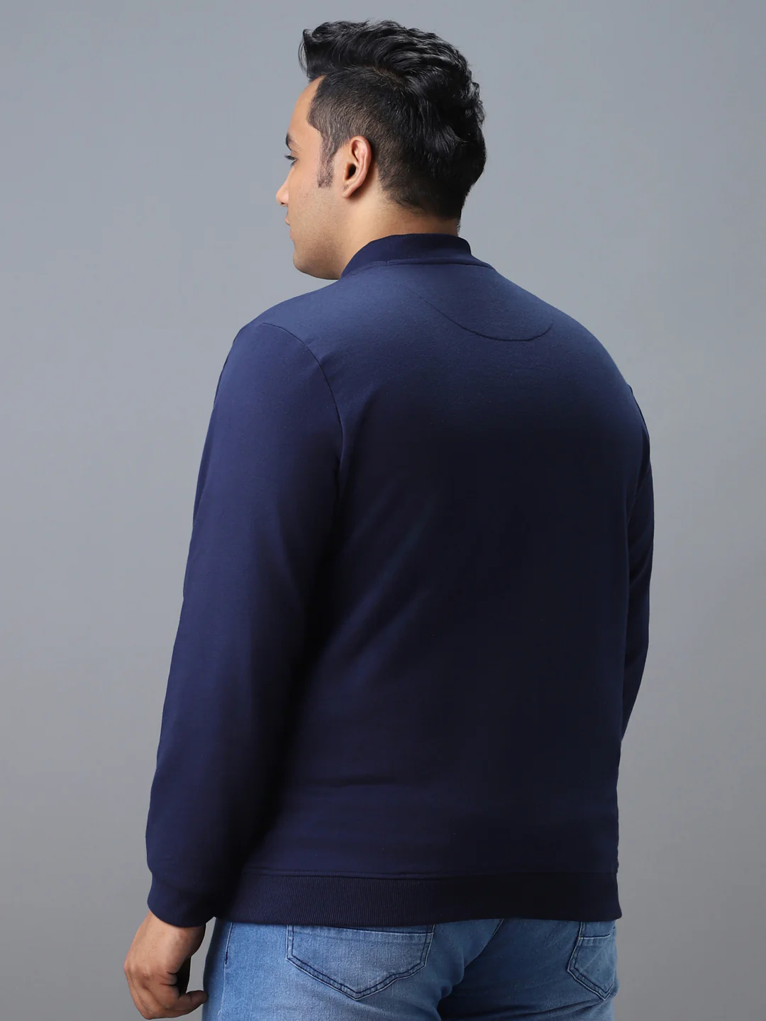 Plus Men's Blue Cotton Solid Button High Neck Sweatshirt - Image 3