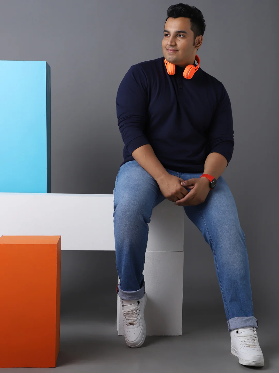 Plus Men's Blue Cotton Solid Button High Neck Sweatshirt - Image 4