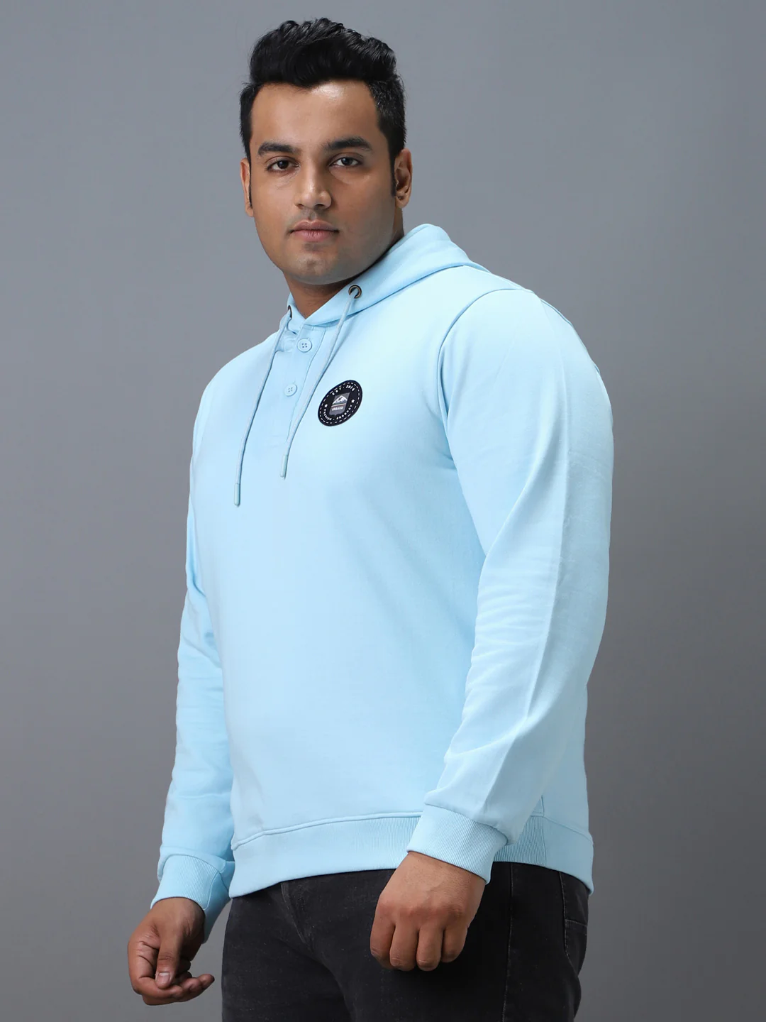 Plus Men's Blue Cotton Solid Button Hooded Neck Sweatshirt - Image 2