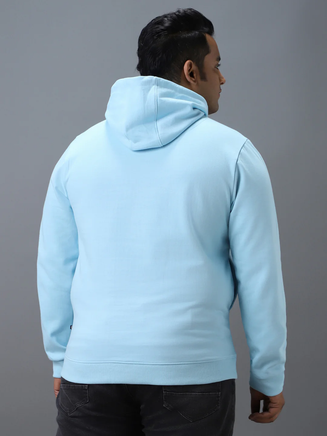 Plus Men's Blue Cotton Solid Button Hooded Neck Sweatshirt - Image 3