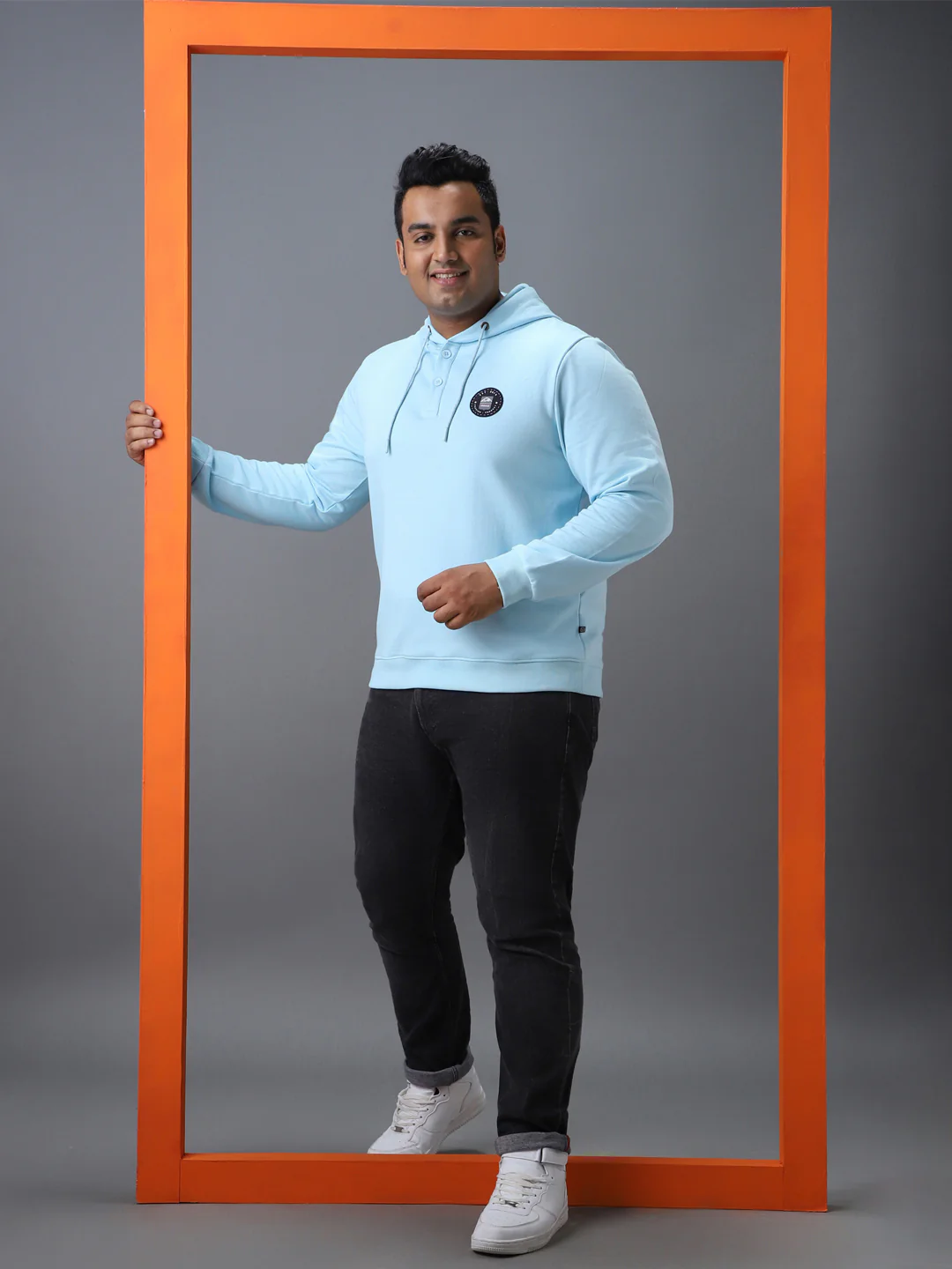 Plus Men's Blue Cotton Solid Button Hooded Neck Sweatshirt - Image 4
