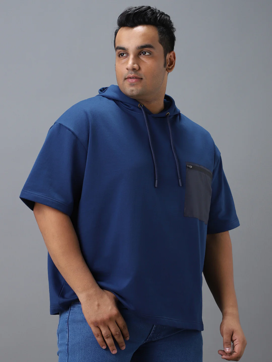 Plus Men's Blue Cotton Solid Hooded Neck Sweatshirt - Image 2