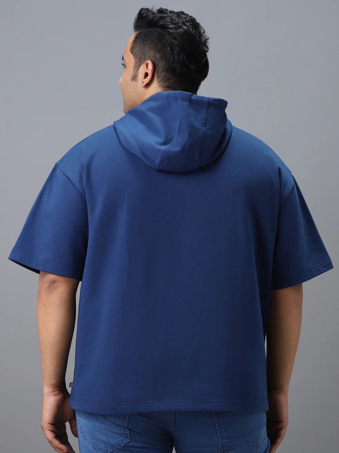 Plus Men's Blue Cotton Solid Hooded Neck Sweatshirt - Image 3