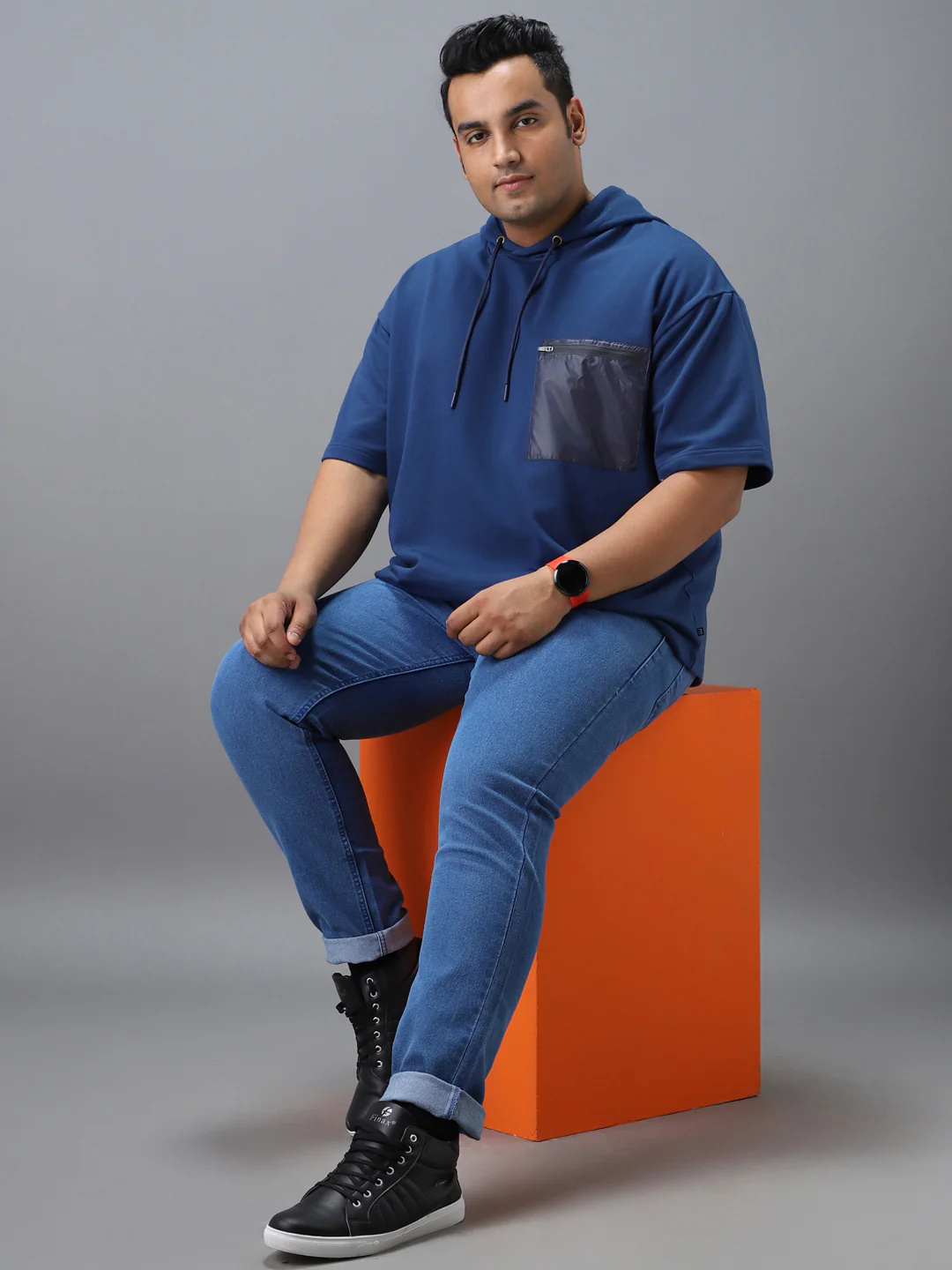 Plus Men's Blue Cotton Solid Hooded Neck Sweatshirt - Image 4