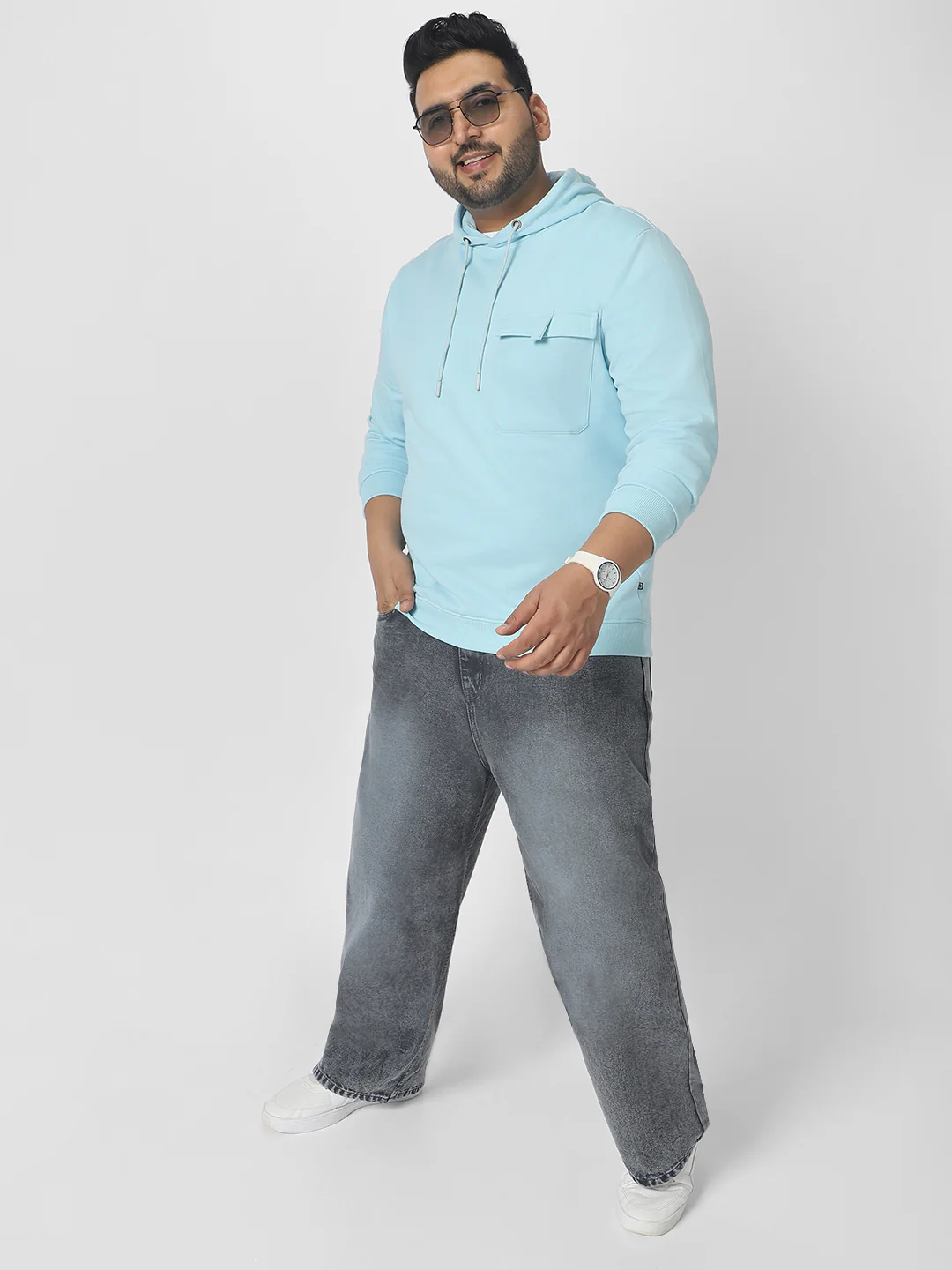 Plus Men's Blue Cotton Solid Hooded Neck Sweatshirt - Image 4