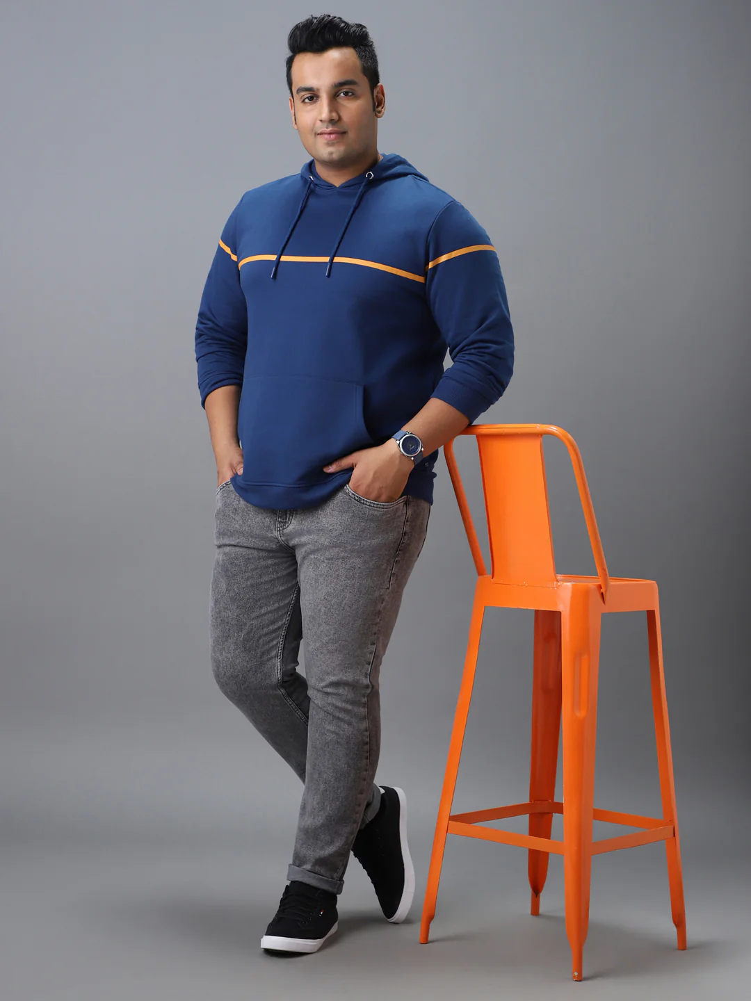 Plus Men's Blue Cotton Solid Hooded Neck Sweatshirt - Image 4