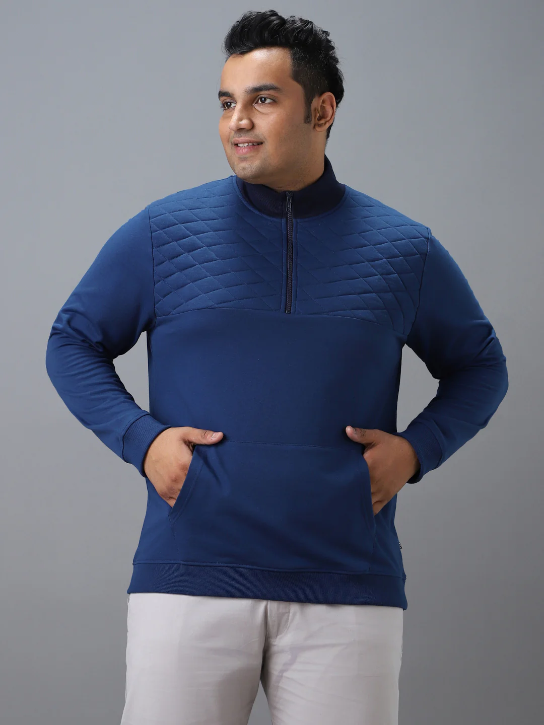 Plus Men's Blue Cotton Solid Zippered High Neck Sweatshirt
