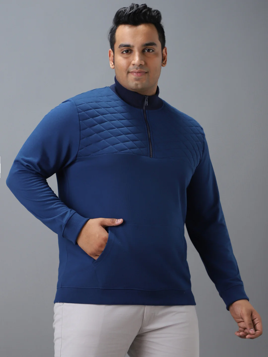 Plus Men's Blue Cotton Solid Zippered High Neck Sweatshirt - Image 2