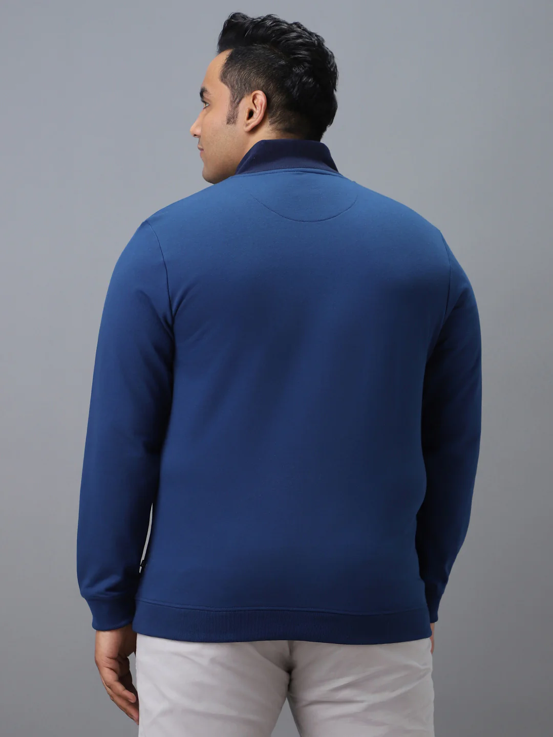 Plus Men's Blue Cotton Solid Zippered High Neck Sweatshirt - Image 3