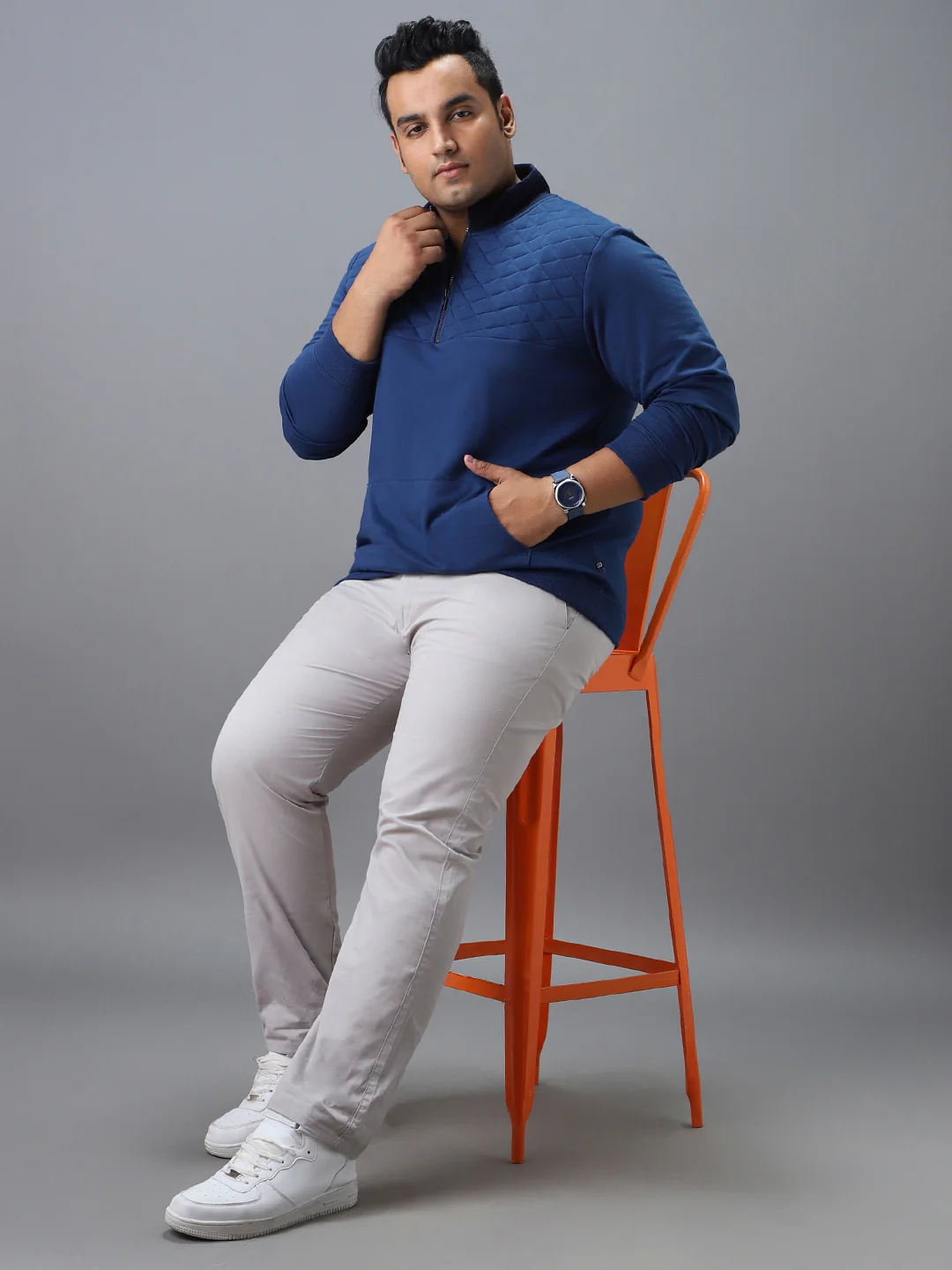 Plus Men's Blue Cotton Solid Zippered High Neck Sweatshirt - Image 4