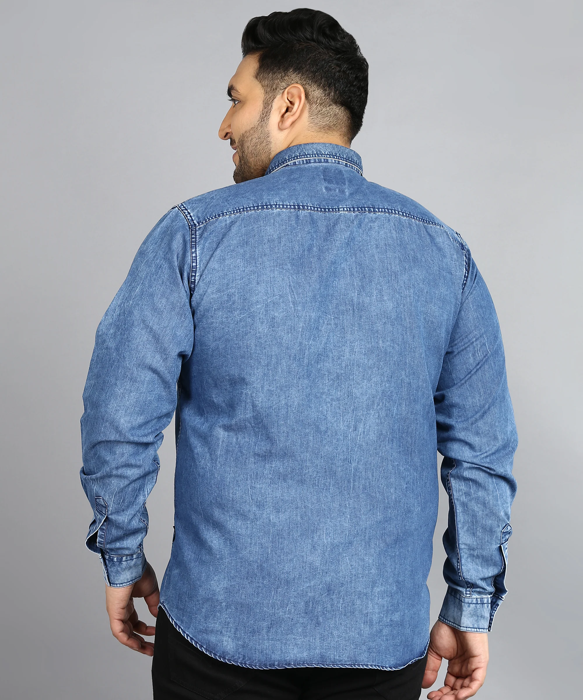 Plus Men's Blue Denim Full Sleeve Regular Fit Washed Casual Shirt - Image 3