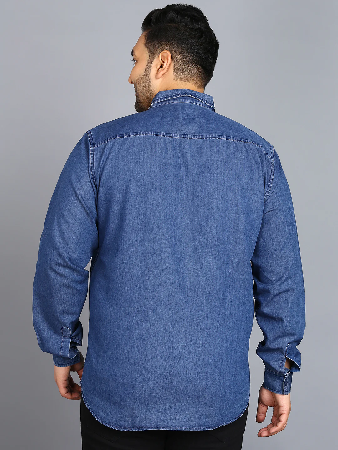 Plus Men's Blue Denim Full Sleeve Regular Fit Washed Casual Shirt - Image 3