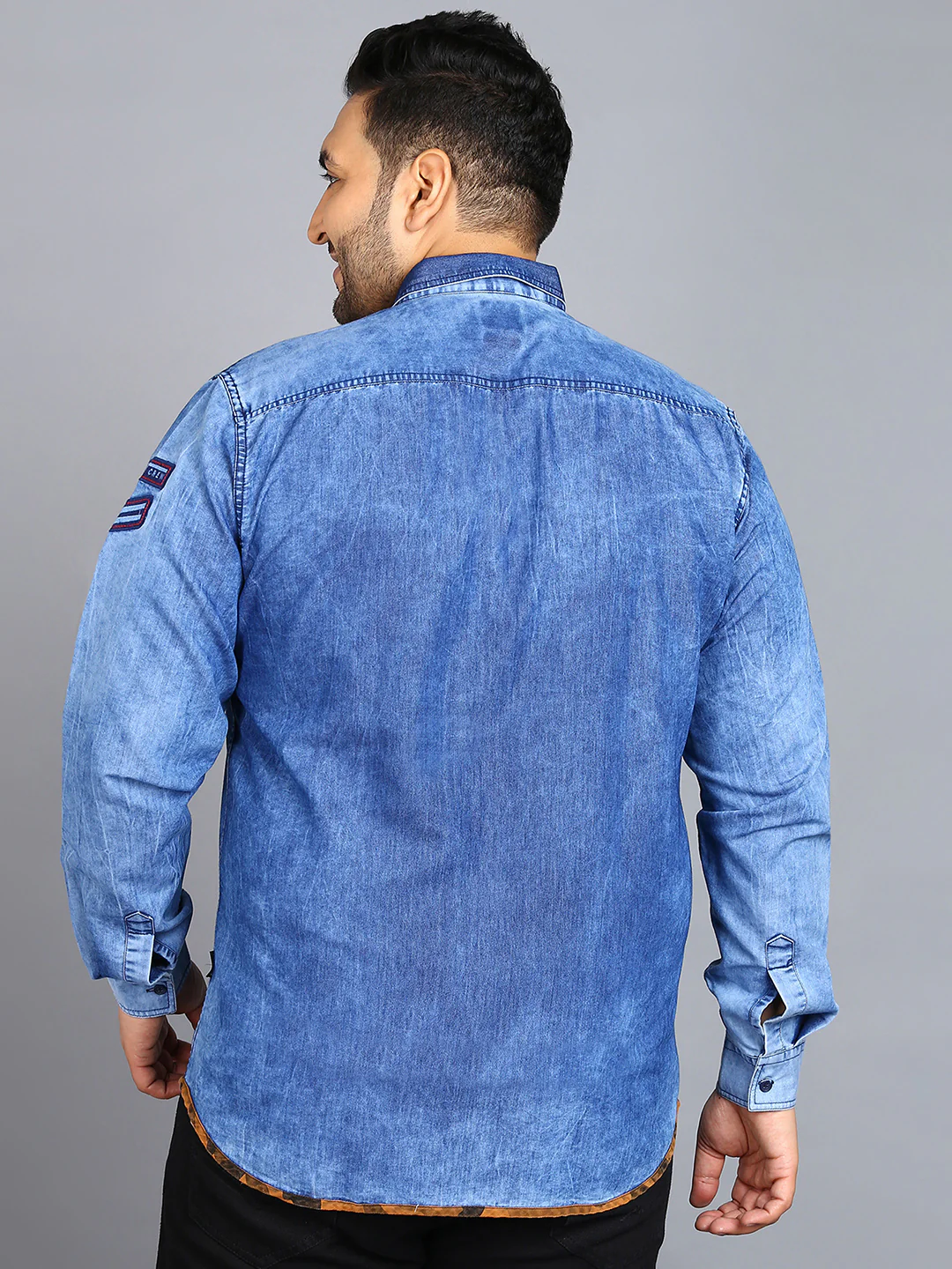 Plus Men's Blue Denim Full Sleeve Regular Fit Washed Casual Shirt - Image 3