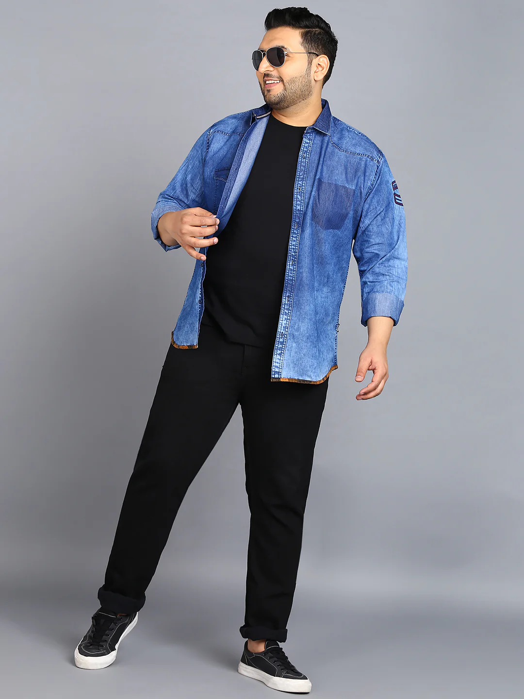 Plus Men's Blue Denim Full Sleeve Regular Fit Washed Casual Shirt - Image 4