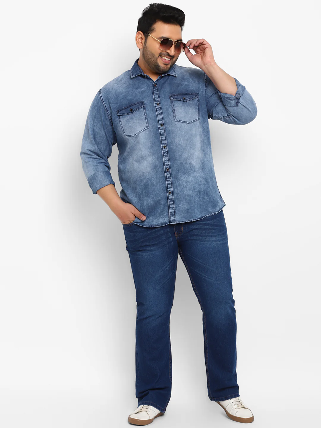 Plus Men's Blue Full Sleeve Regular Fit Casual Denim Shirt - Image 4