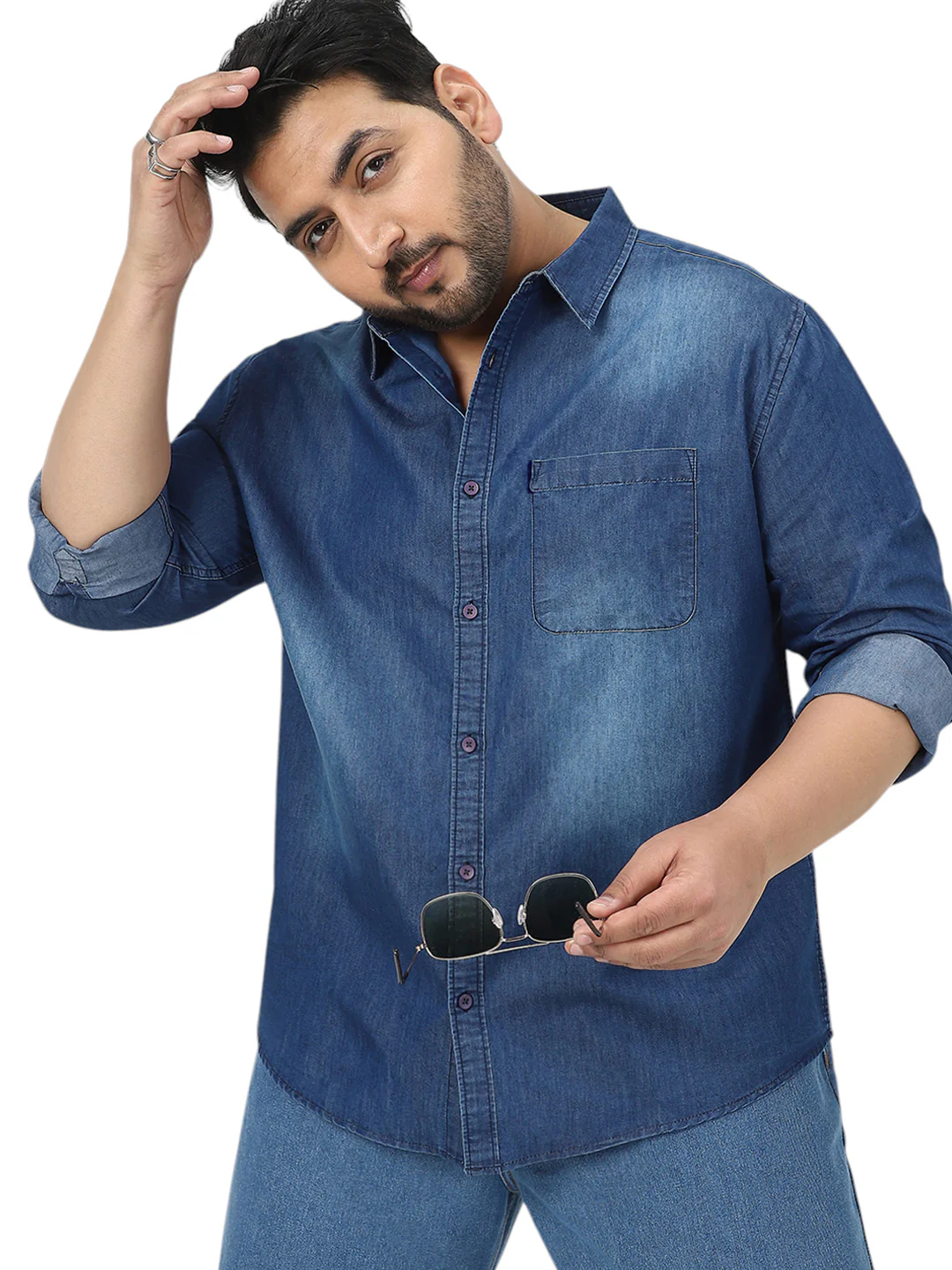 Plus Men's Blue Full Sleeve Regular Fit Casual Denim Shirt