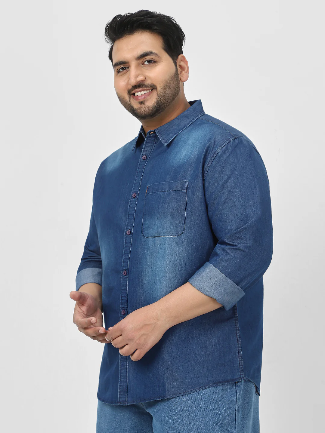 Plus Men's Blue Full Sleeve Regular Fit Casual Denim Shirt - Image 2