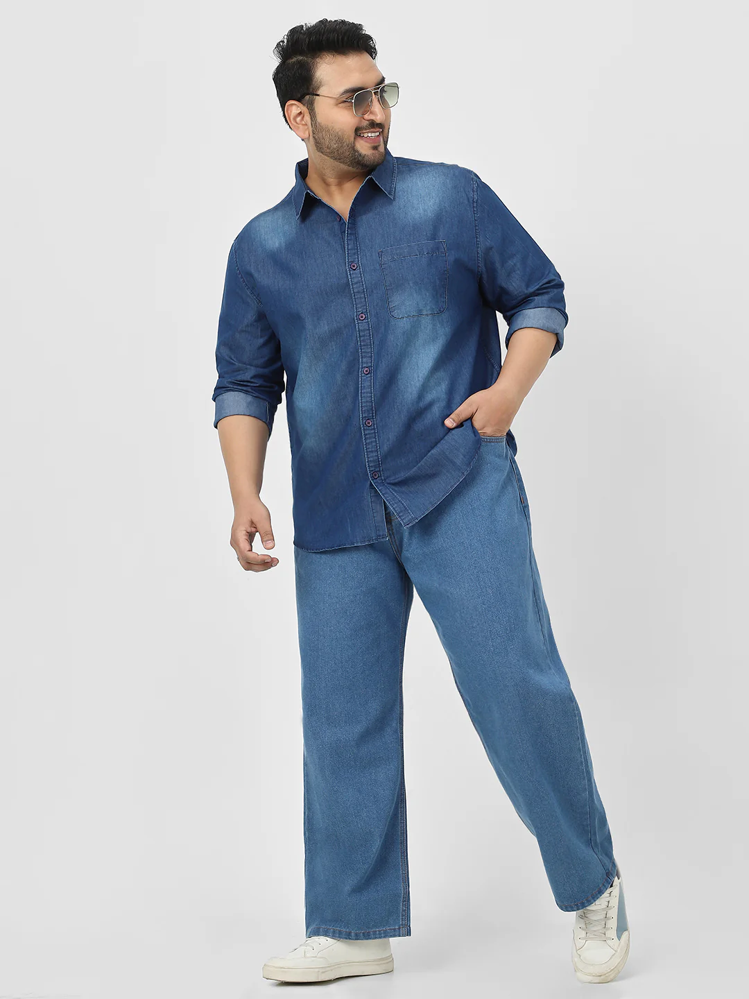 Plus Men's Blue Full Sleeve Regular Fit Casual Denim Shirt - Image 4