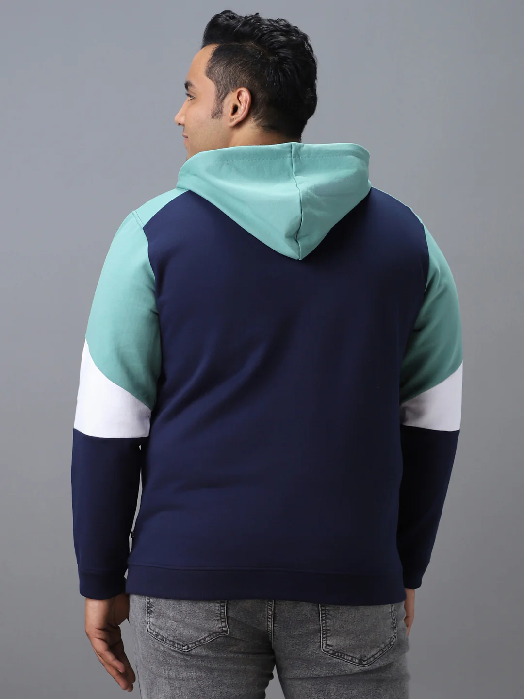 Plus Men's Blue, Green Cotton Colour Block Hooded Neck Sweatshirt - Image 3