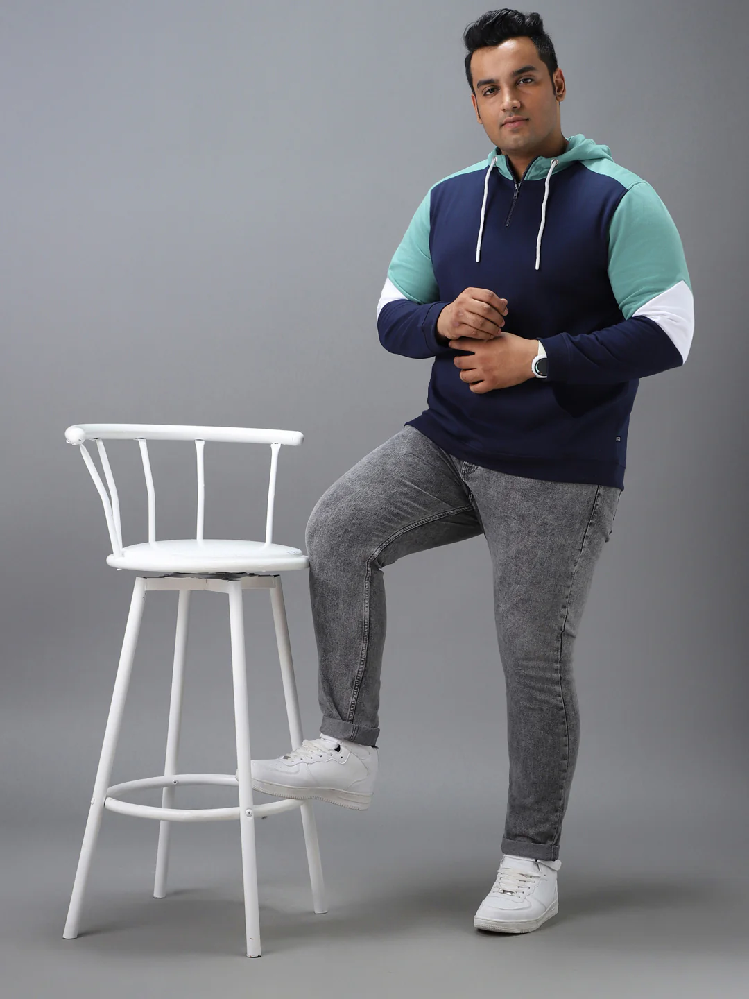 Plus Men's Blue, Green Cotton Colour Block Hooded Neck Sweatshirt - Image 4